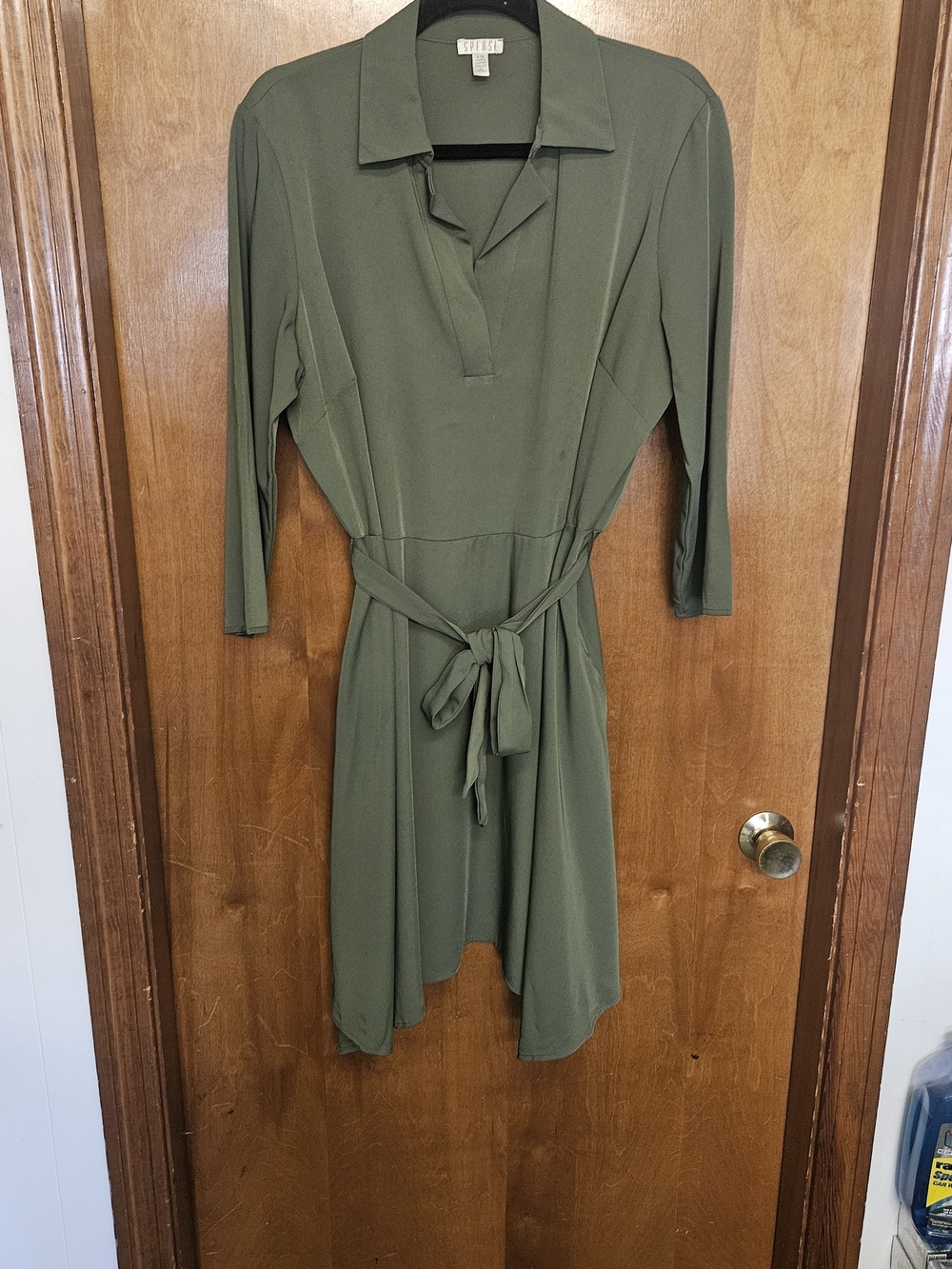 Spense Olive Green Midi Shirt Dress with Tie Waist
